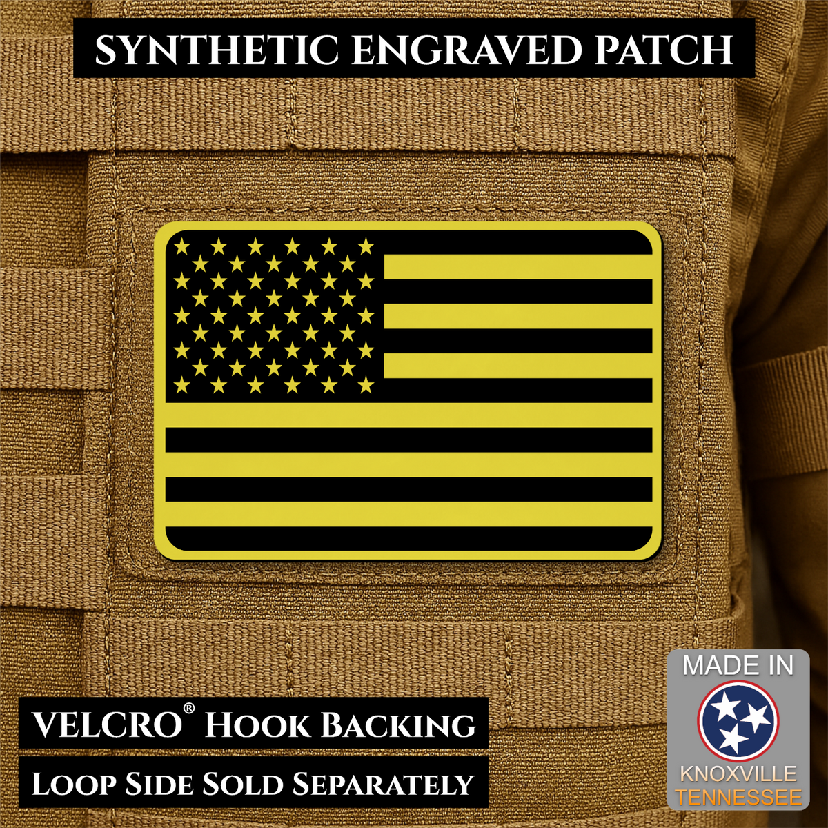 Tactical Synthetic Engraved American Flag Patch, 2x3" | Made in USA | VELCRO® Brand Hook Backing