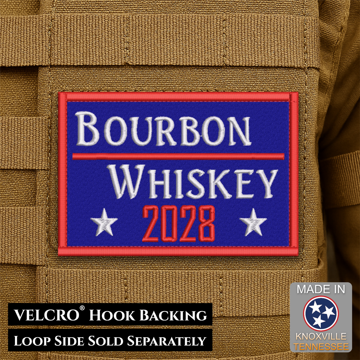 Bourbon & Whiskey for President 2028 Funny Morale Patch, 2x3" | Made in USA | VELCRO® Brand Hook Backing
