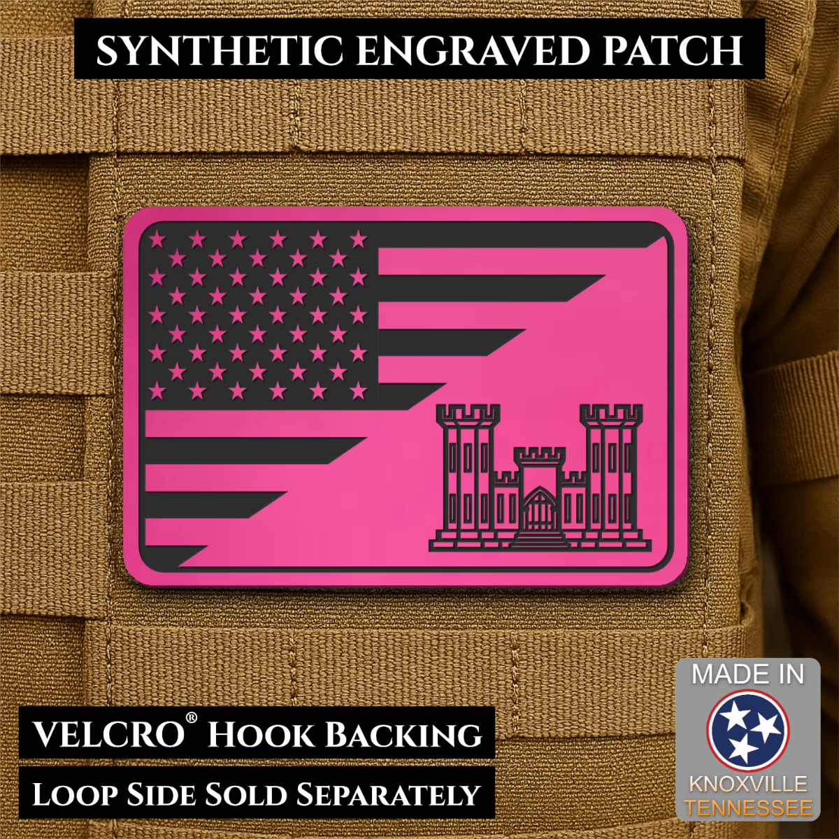 Army Combat Engineer American Flag Morale Patch, 2x3" | Made in USA | VELCRO® Brand Hook Backing