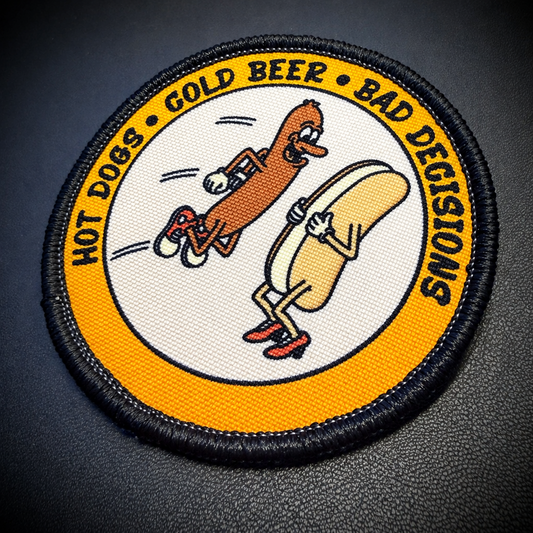 Hot Dogs, Cold Beer and Bad Decisions Funny Printed Morale Patch, 3" Round | VELCRO® Brand Hook Backing
