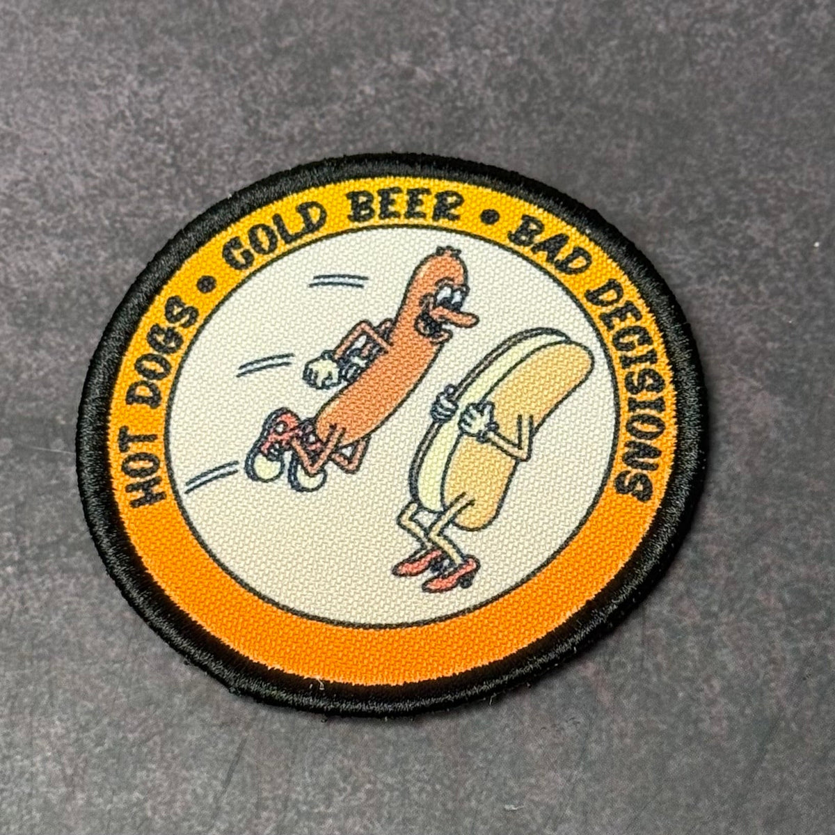 Hot Dogs, Cold Beer and Bad Decisions Funny Morale Patch, 3" Round | Made in USA | VELCRO® Brand Hook Backing