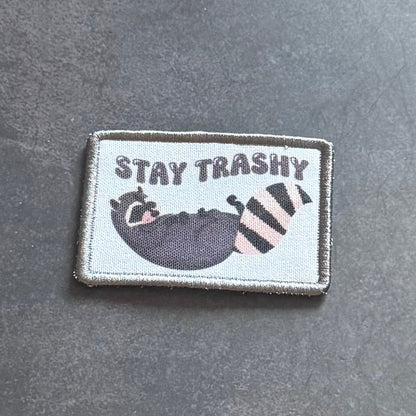Stay Trashy Raccoon Trash Panda Funny Morale Patch, 2x3" | Made in USA | VELCRO® Brand Hook Backing