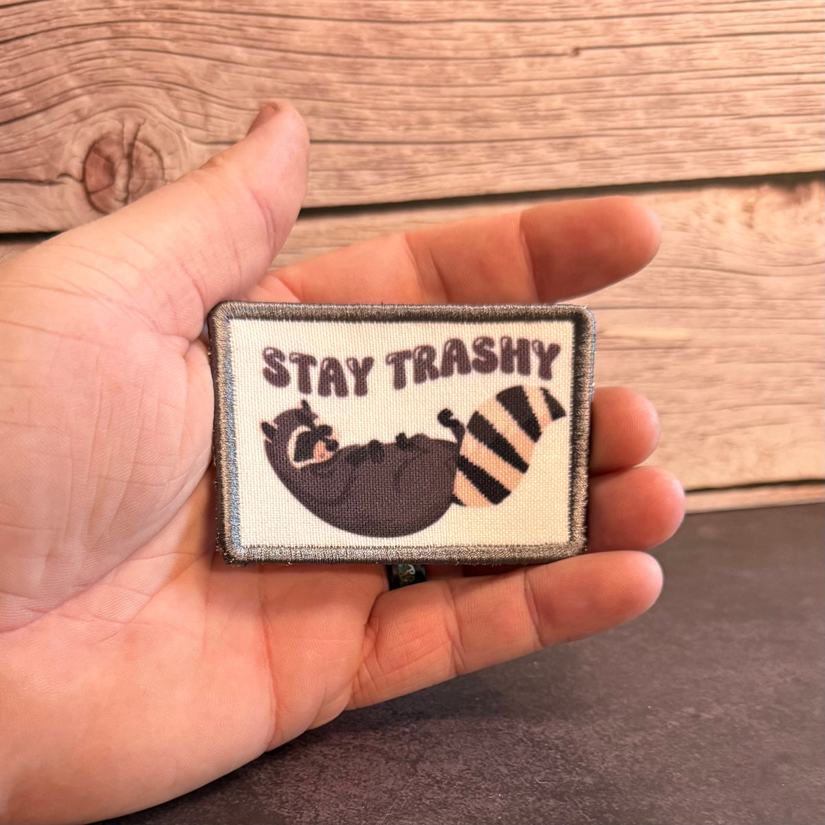 Stay Trashy Raccoon Trash Panda Funny Morale Patch, 2x3" | Made in USA | VELCRO® Brand Hook Backing