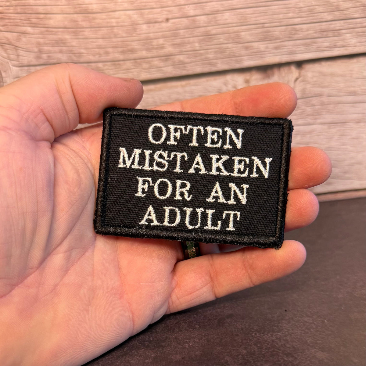 Often Mistaken For An Adult Funny Morale Patch, 2x3" | Made in USA | VELCRO® Brand Hook Backing
