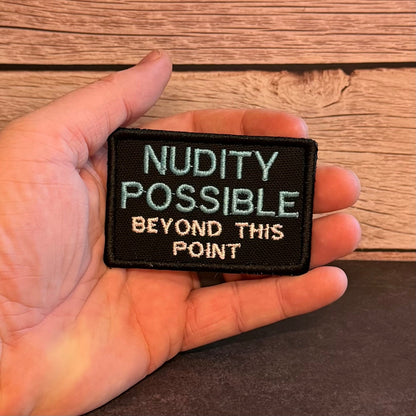 Nude Beach Warning Funny Morale Patch, 2x3" | Made in USA | VELCRO® Brand Hook Backing