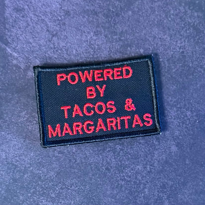 Powered By Tacos & Margaritas Funny Morale Patch, 2x3" | Made in USA | VELCRO® Brand Hook Backing