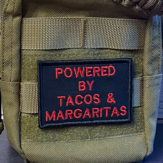 Powered By Tacos & Margaritas Funny Embroidered Morale Patch, 2x3" | VELCRO® Brand Hook Backing