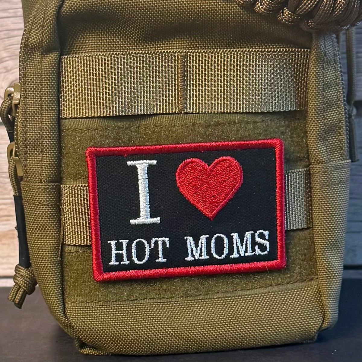 I Love Hot Moms MILFS Funny Morale Patch, 2x3" | Made in USA | VELCRO® Brand Hook Backing