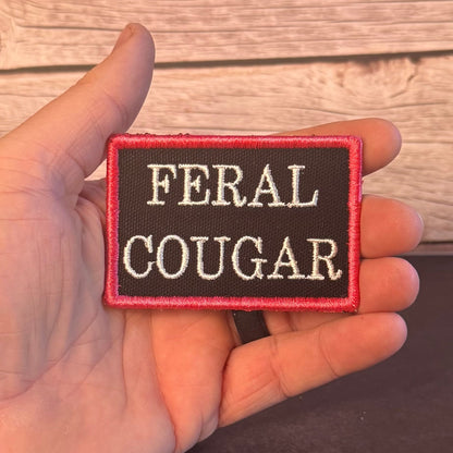 Feral Cougar Funny Morale Patch, 2x3" | Made in USA | VELCRO® Brand Hook Backing