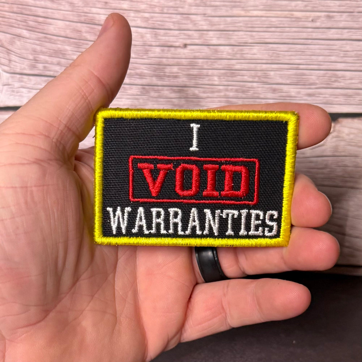 I Void Warranties Funny Morale Patch, 2x3" | Made in USA | VELCRO® Brand Hook Backing