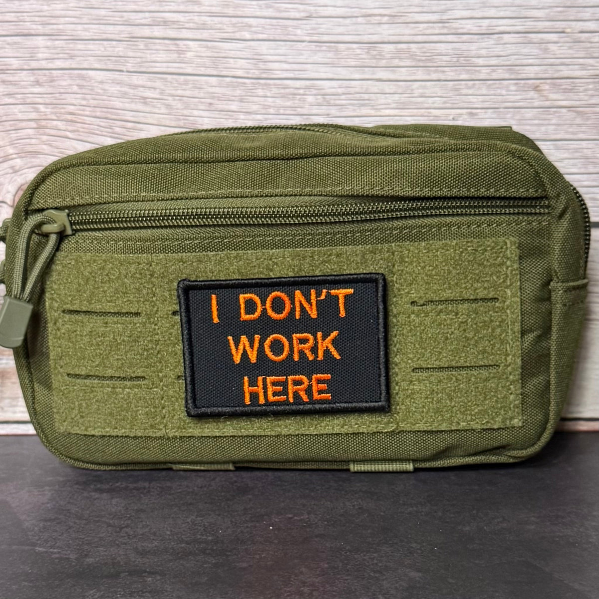 I Don't Work Here Funny Embroidered Morale Patch, 2x3" | VELCRO® Brand Hook Backing