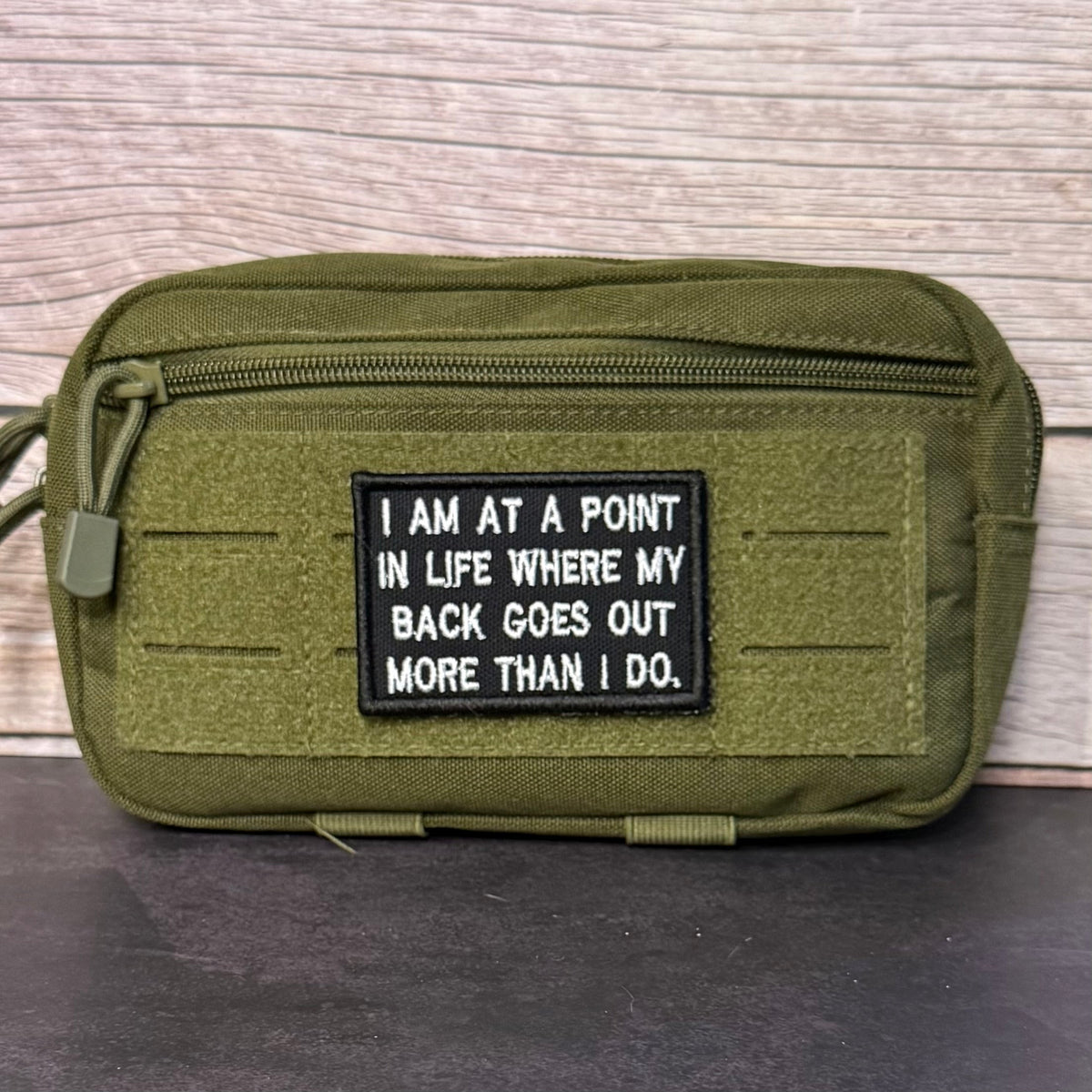 My Back Goes Out More Than I Do Funny Morale Patch, 2x3" | Made in USA | VELCRO® Brand Hook Backing