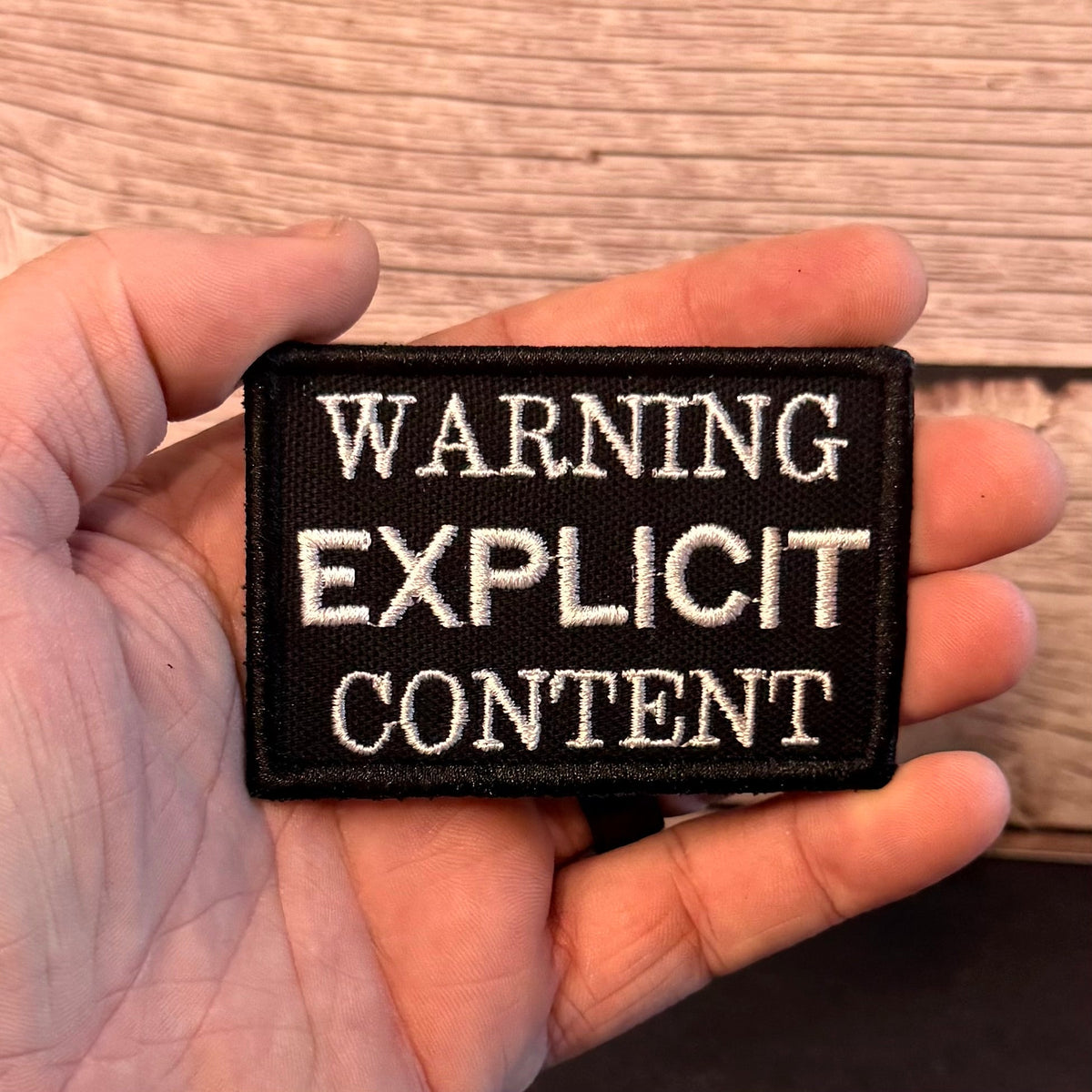 Explicit Content Warning Funny Morale Patch, 2x3" | Made in USA | VELCRO® Brand Hook Backing