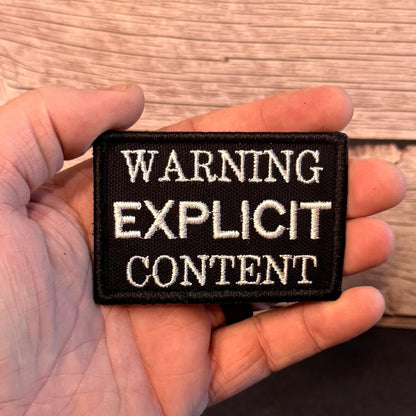Explicit Content Warning Funny Morale Patch, 2x3" | Made in USA | VELCRO® Brand Hook Backing