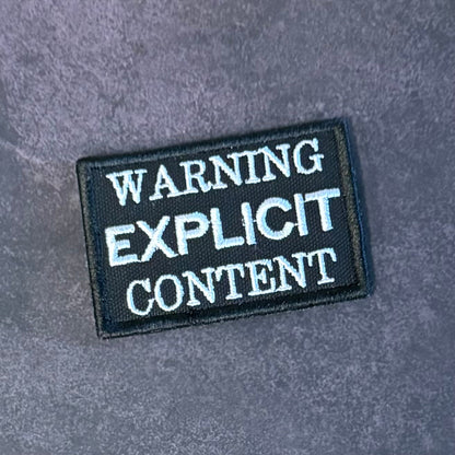 Explicit Content Warning Funny Morale Patch, 2x3" | Made in USA | VELCRO® Brand Hook Backing