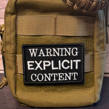 Explicit Content Warning Funny Morale Patch, 2x3" | Made in USA | VELCRO® Brand Hook Backing