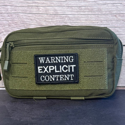 Explicit Content Warning Funny Morale Patch, 2x3" | Made in USA | VELCRO® Brand Hook Backing