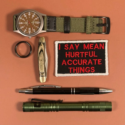 I Say Mean, Hurtful, Accurate Things Funny Morale Patch, 2x3" | Made in USA | VELCRO® Brand Hook Backing