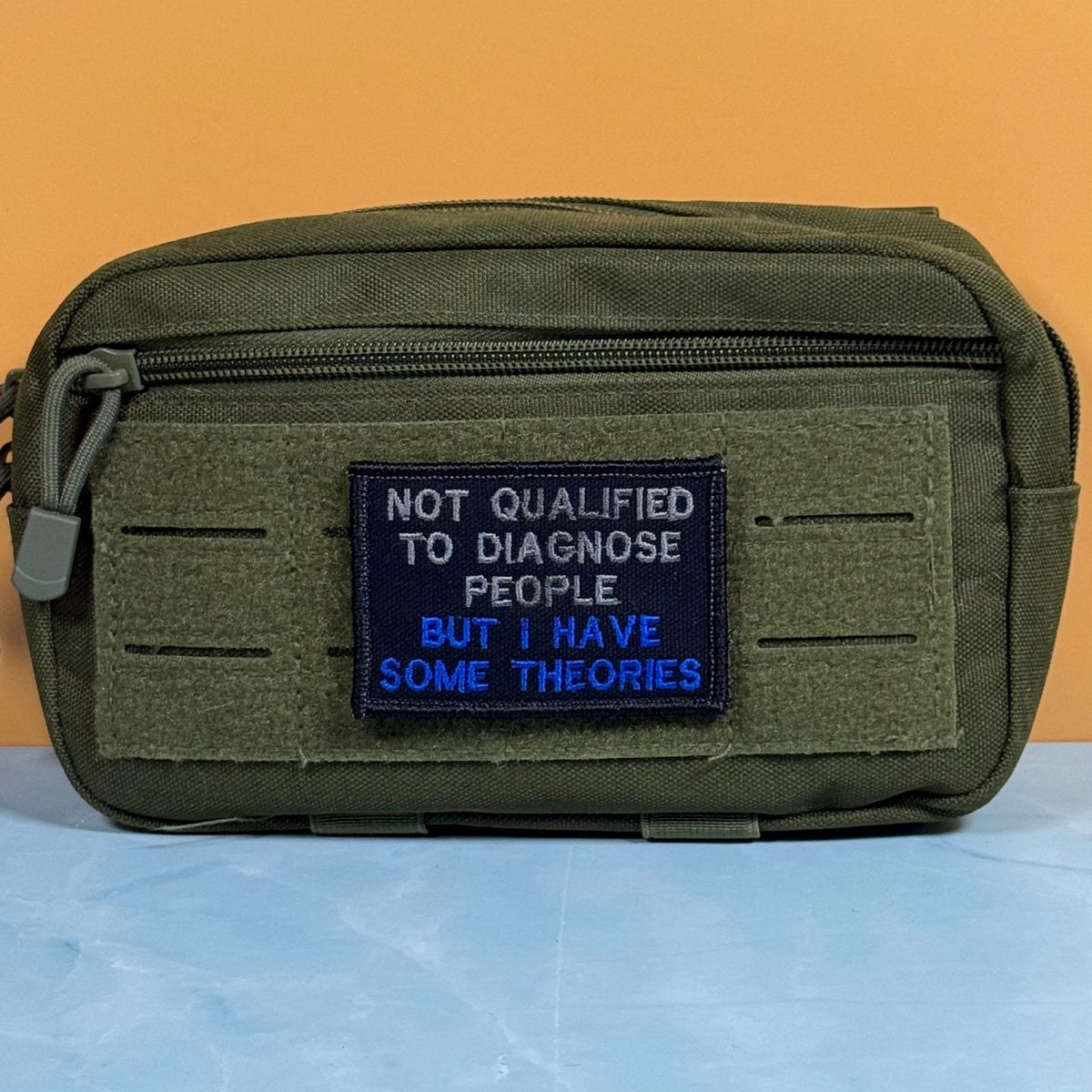 Not Qualified to Diagnose People, But I Have Theories Funny Morale Patch, 2x3" | Made in USA | VELCRO® Brand Hook Backing