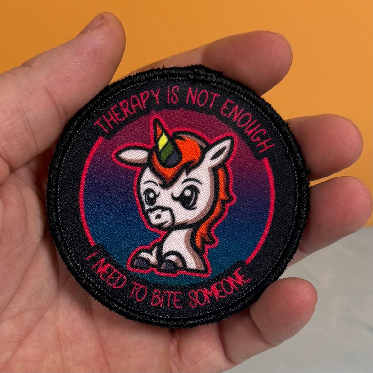Therapy Unicorn Funny Morale Patch, 3" Round | Made in USA | VELCRO® Brand Hook Backing