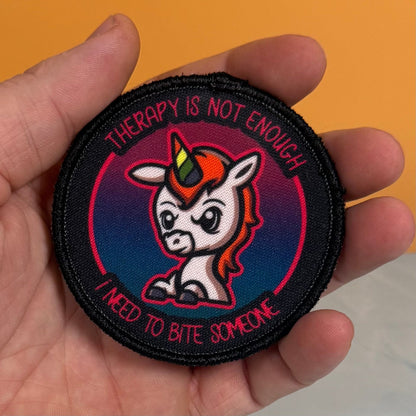 Therapy Unicorn Funny Morale Patch, 3" Round | Made in USA | VELCRO® Brand Hook Backing