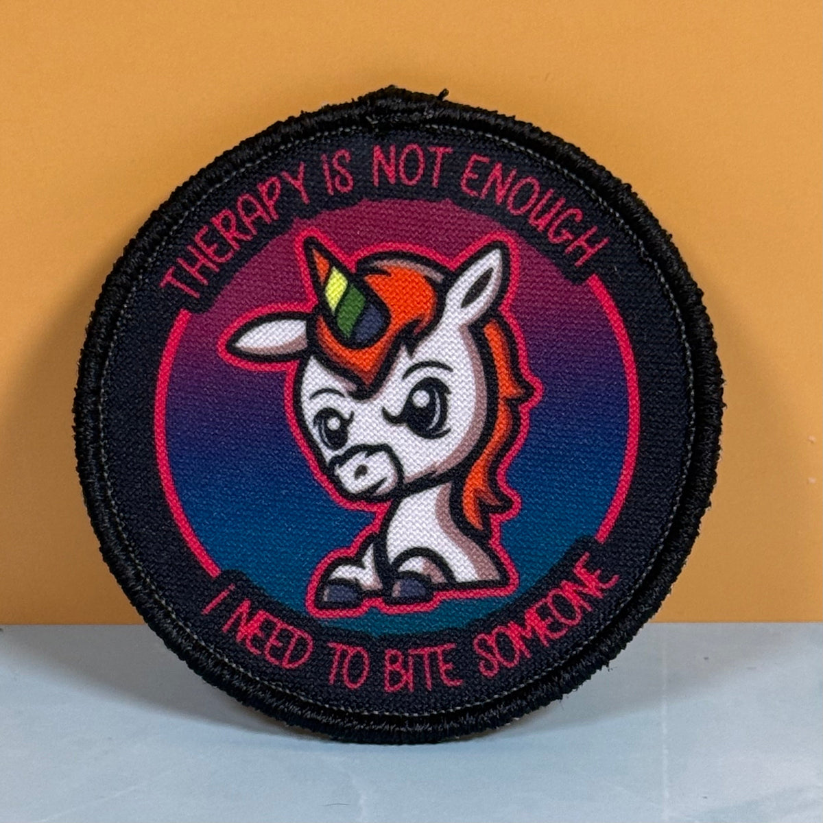 Therapy Unicorn Funny Morale Patch, 3" Round | Made in USA | VELCRO® Brand Hook Backing