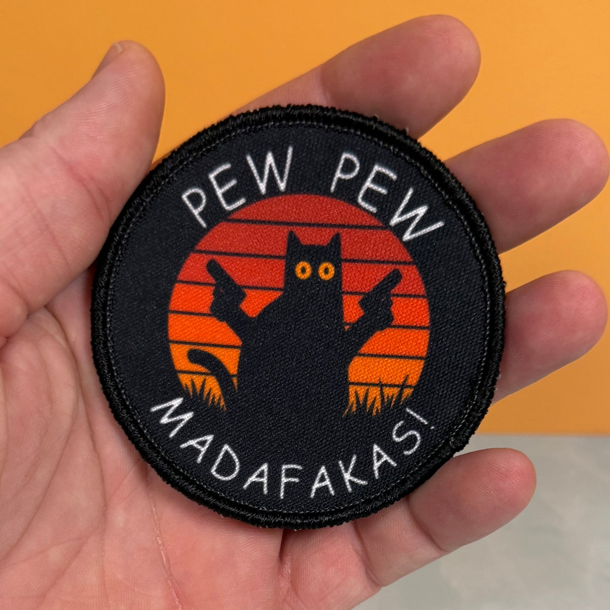Pew Pew Madafakas Funny Cat Morale Patch, 3" Round | Made in USA | VELCRO® Brand Hook Backing