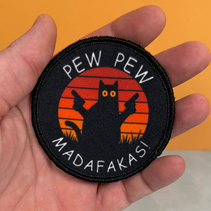 Pew Pew Madafakas Funny Cat Morale Patch, 3" Round | Made in USA | VELCRO® Brand Hook Backing