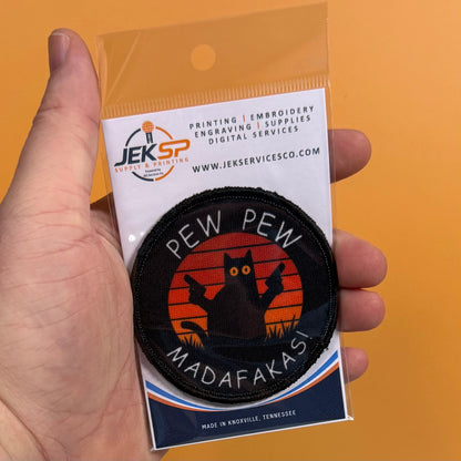 Pew Pew Madafakas Funny Cat Morale Patch, 3" Round | Made in USA | VELCRO® Brand Hook Backing