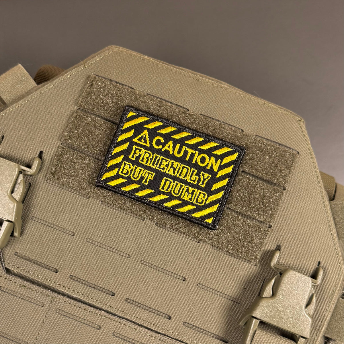 Caution Friendly But Dumb Funny Morale Patch, 2x3" | Made in USA | VELCRO® Brand Hook Backing