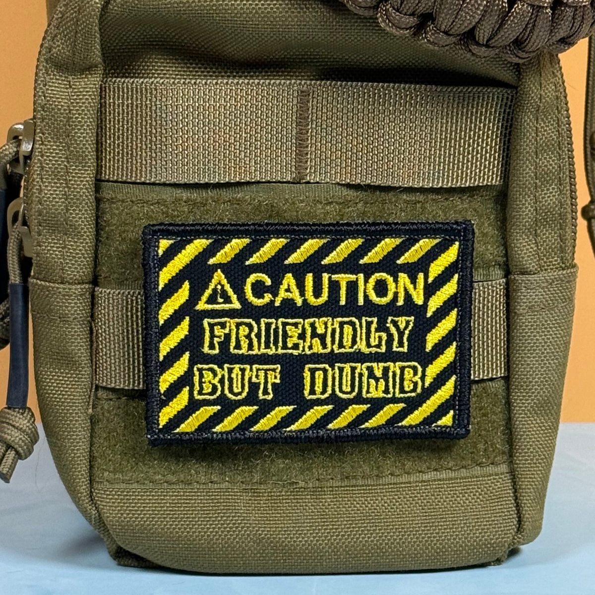 Caution Friendly But Dumb Funny Morale Patch, 2x3" | Made in USA | VELCRO® Brand Hook Backing