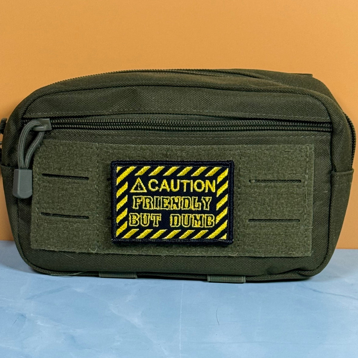 Caution Friendly But Dumb Funny Morale Patch, 2x3" | Made in USA | VELCRO® Brand Hook Backing