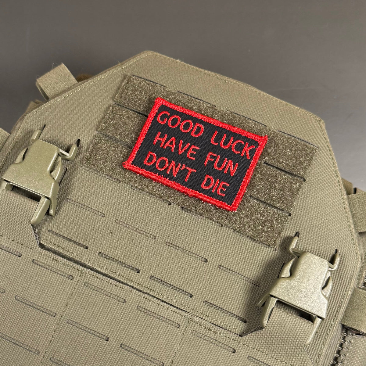 Good Luck, Have Fun, Don't Die Funny Morale Patch, 2x3" | Made in USA | VELCRO® Brand Hook Backing