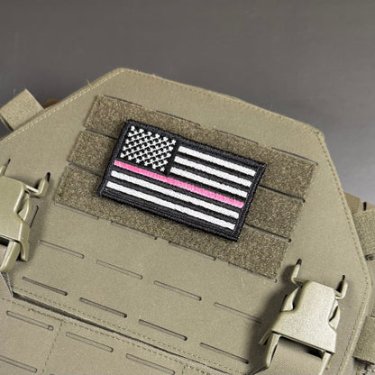 Breast Cancer Awareness Thin Pink Line American Flag Patch, 2x3.5" | Made in USA | VELCRO® Brand Hook Backing
