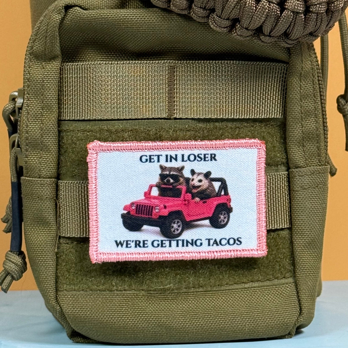 Get In Loser, We're Getting Tacos Funny Morale Patch, 2x3" | Made in USA | VELCRO® Brand Hook Backing