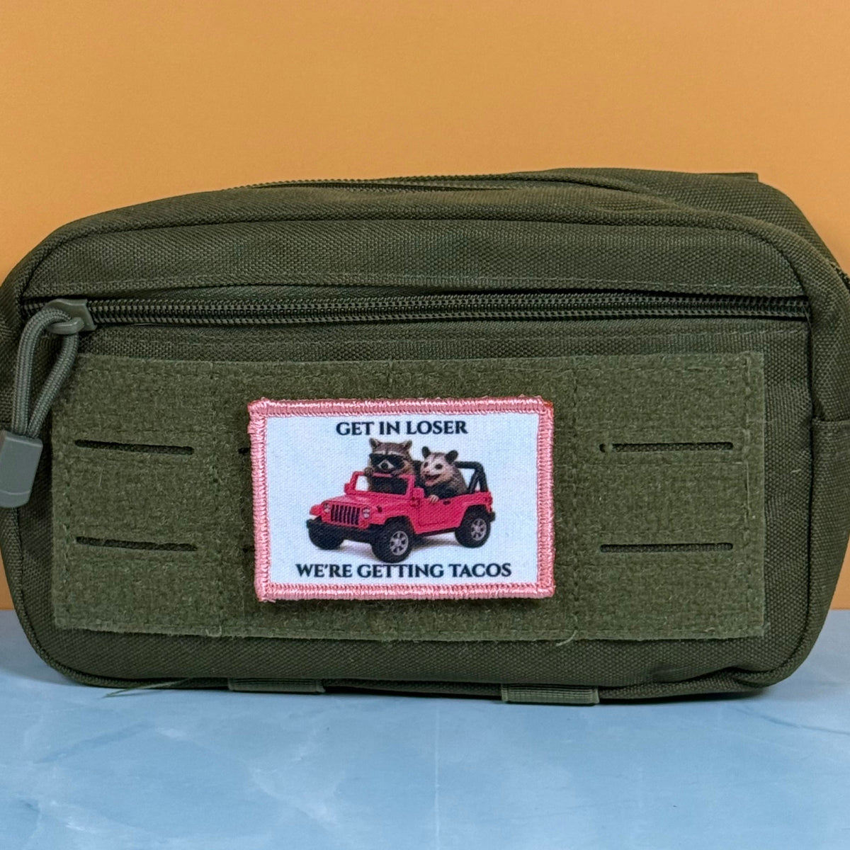 Get In Loser, We're Getting Tacos Funny Morale Patch, 2x3" | Made in USA | VELCRO® Brand Hook Backing