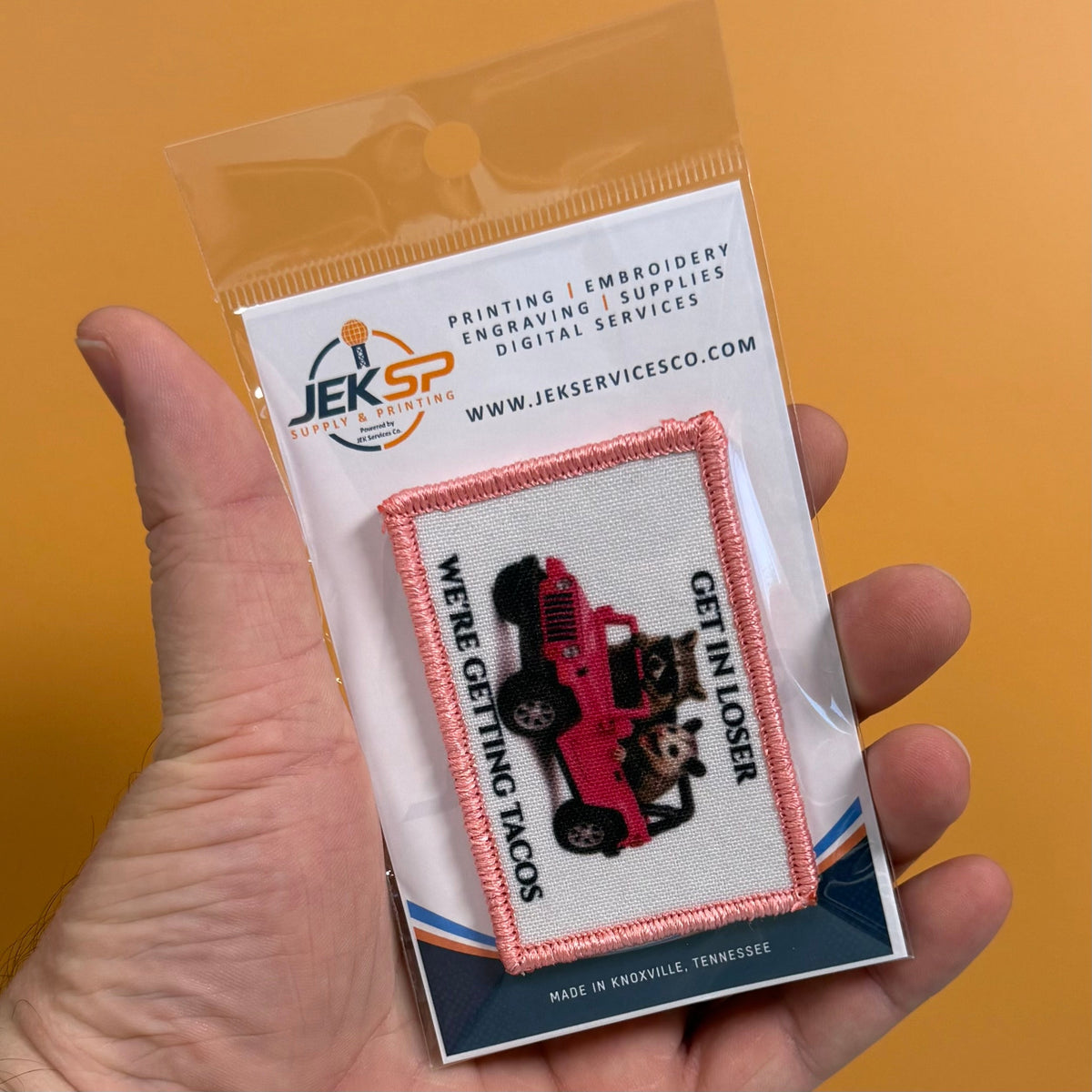 Get In Loser, We're Getting Tacos Funny Morale Patch, 2x3" | Made in USA | VELCRO® Brand Hook Backing
