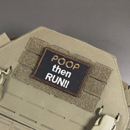 Poop Then Run Funny Morale Patch, 2x3" | Made in USA | VELCRO® Brand Hook Backing