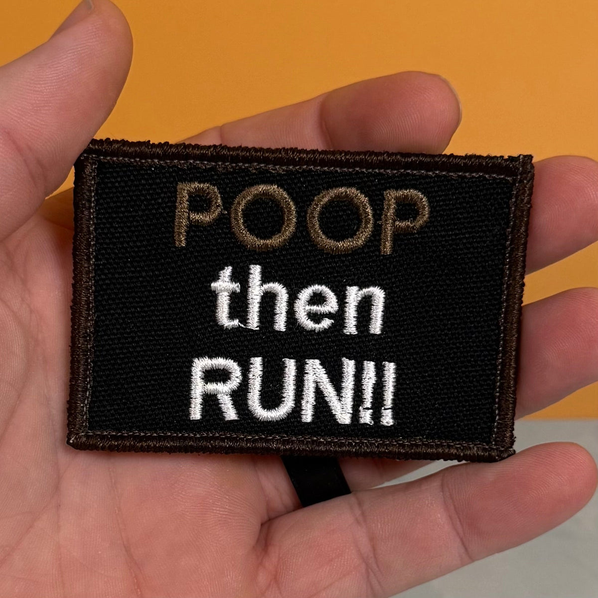 Poop Then Run Funny Morale Patch, 2x3" | Made in USA | VELCRO® Brand Hook Backing