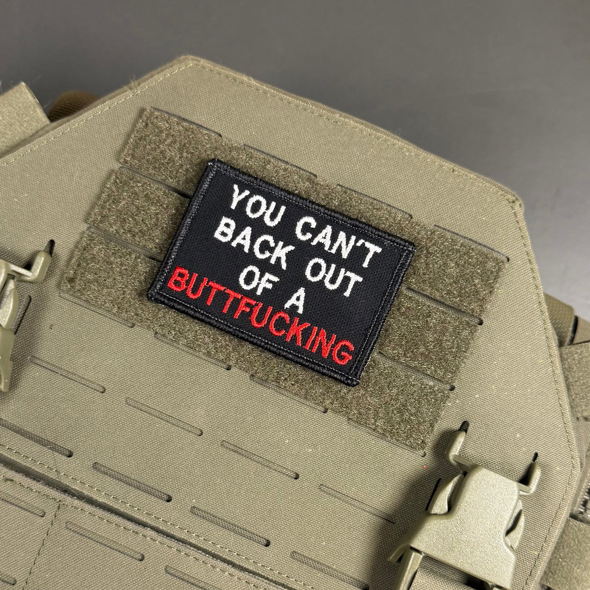 You Can't Back Out Of A Buttf-ing Funny Morale Patch, 2x3" | Made in USA | VELCRO® Brand Hook Backing