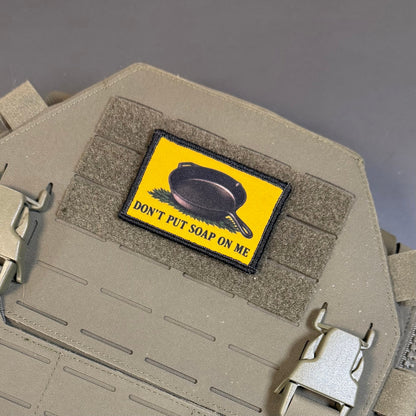 Iron Skillet Gadsden, Don't Put Soap On Me Funny Morale Patch, 2x3" | Made in USA | VELCRO® Brand Hook Backing