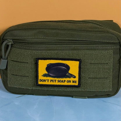 Iron Skillet Gadsden, Don't Put Soap On Me Funny Morale Patch, 2x3" | Made in USA | VELCRO® Brand Hook Backing