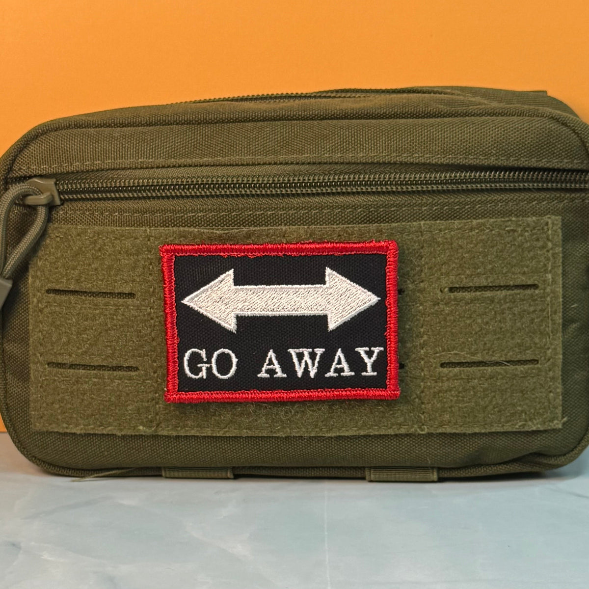 Go Away Funny Morale Patch, 2x3" | Made in USA | VELCRO® Brand Hook Backing
