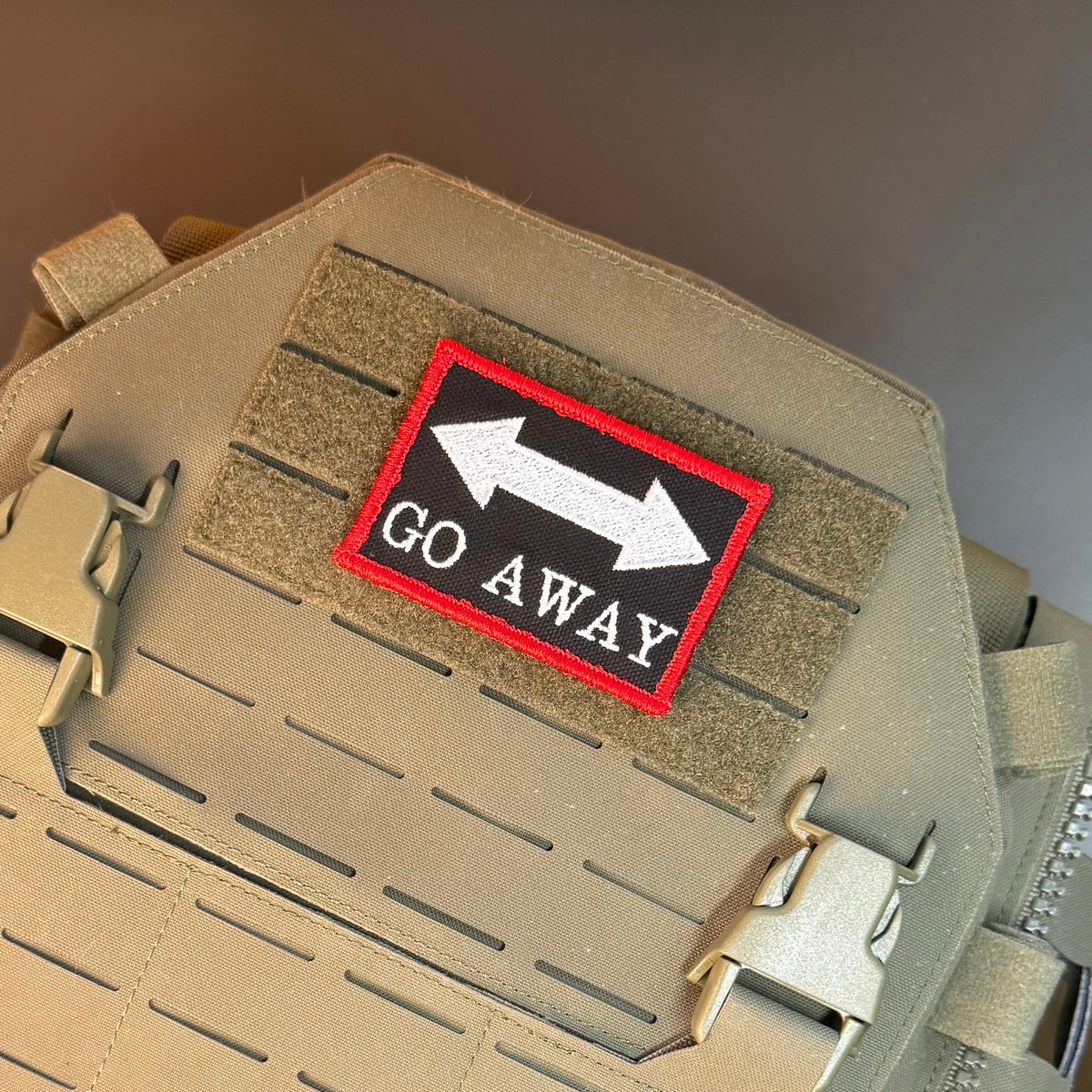 Go Away Funny Morale Patch, 2x3" | Made in USA | VELCRO® Brand Hook Backing