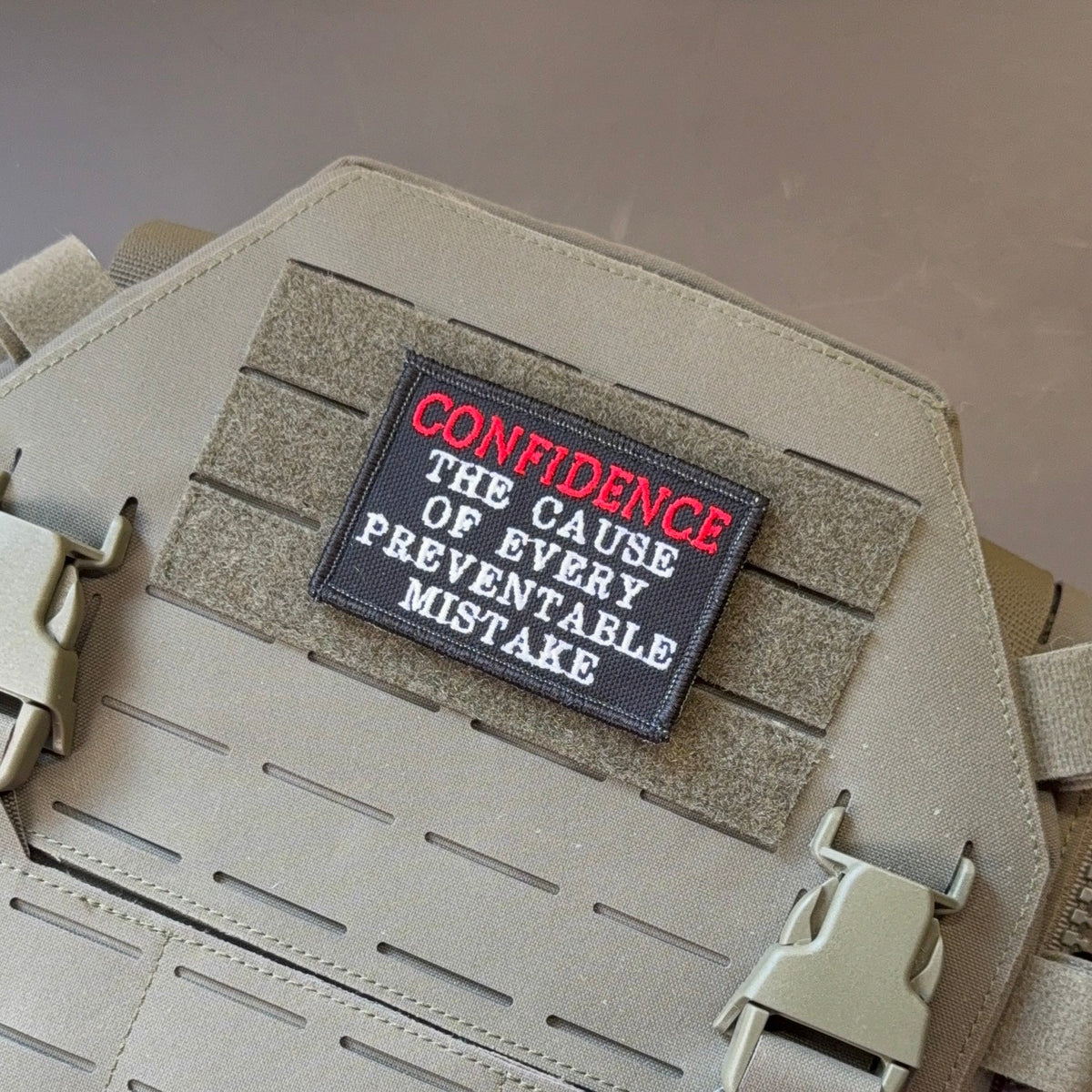 Confidence Causes Mistakes Funny Embroidered Morale Patch, 2x3" | VELCRO® Brand Hook Backing