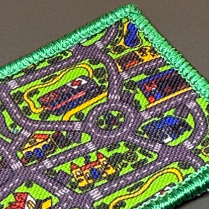Retro Toy Car Play Rug Funny Printed Morale Patch, 2x3" | VELCRO® Brand Hook Backing
