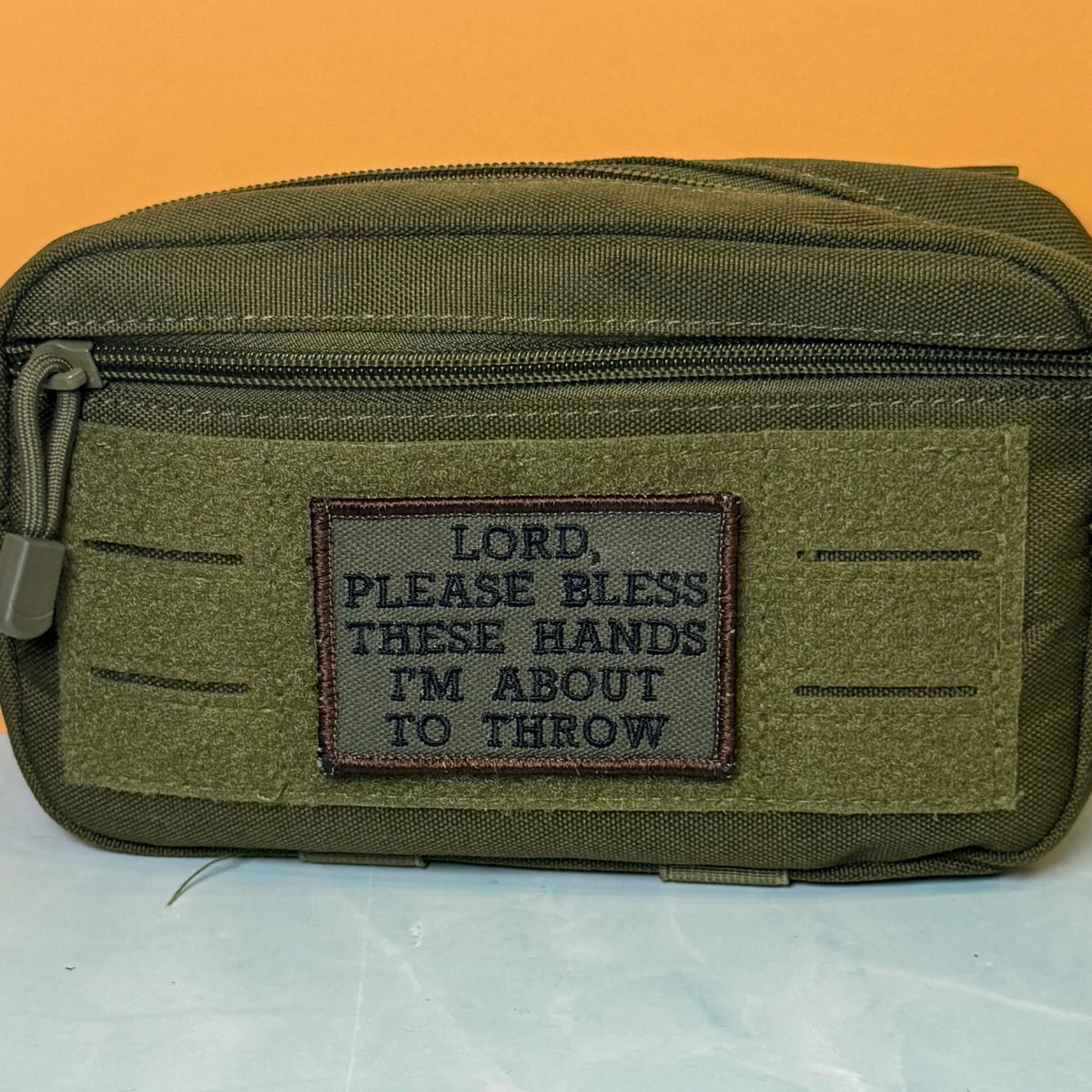 Lord, Bless These Hands I'm About To Throw Funny Tactical Embroidered Morale Patch, 2x3" | VELCRO® Brand Hook Backing