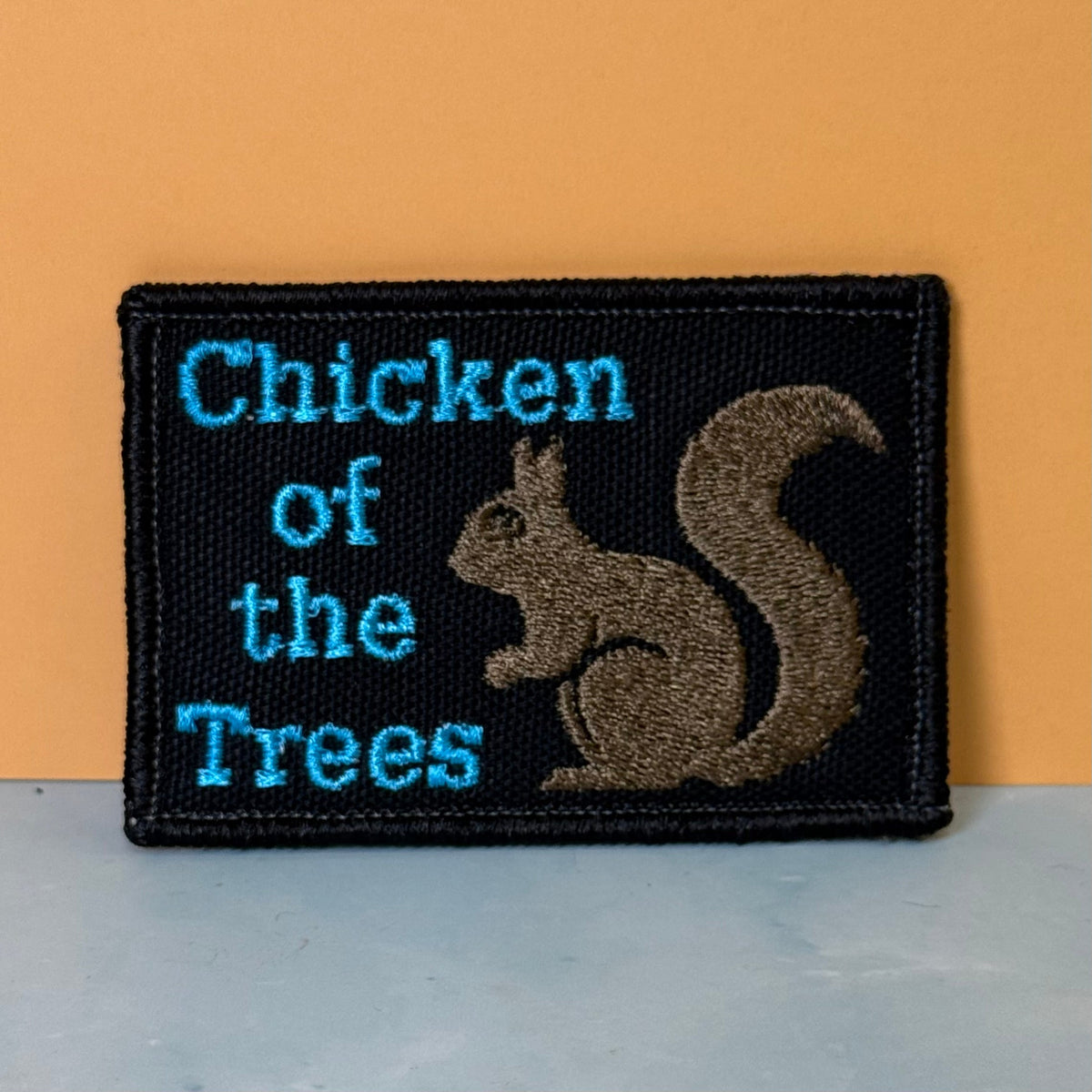 Squirrel, Chicken of the Trees Funny Embroidered Morale Patch, 2x3" | VELCRO® Brand Hook Backing