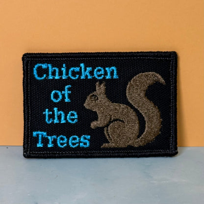 Squirrel, Chicken of the Trees Funny Embroidered Morale Patch, 2x3" | VELCRO® Brand Hook Backing