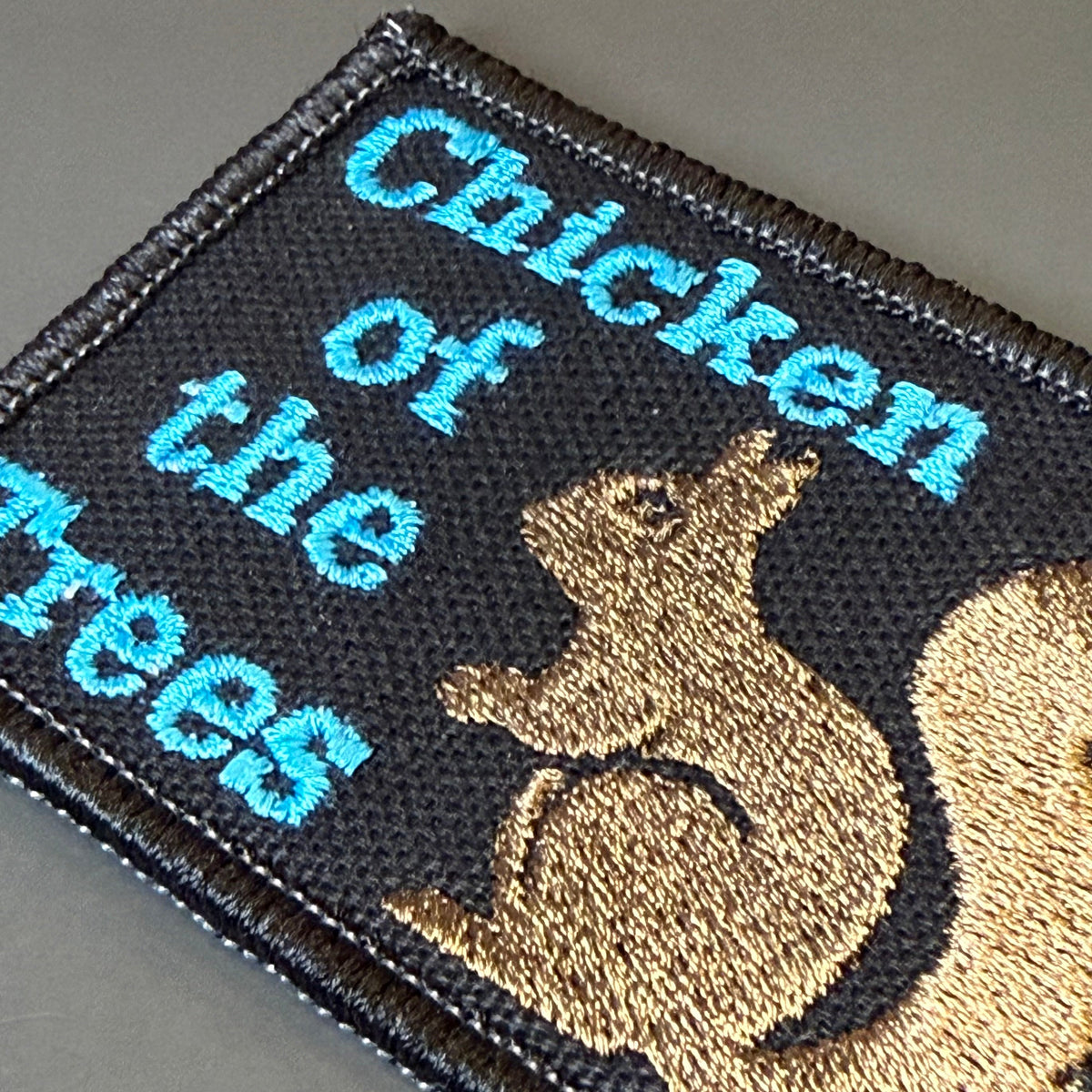 Squirrel, Chicken of the Trees Funny Embroidered Morale Patch, 2x3" | VELCRO® Brand Hook Backing